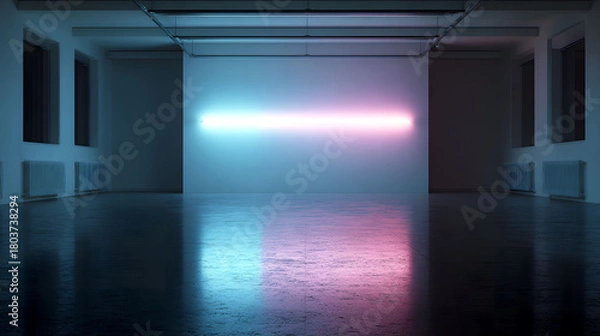 Obraz Empty Dark Room with a Single Glowing Neon Light