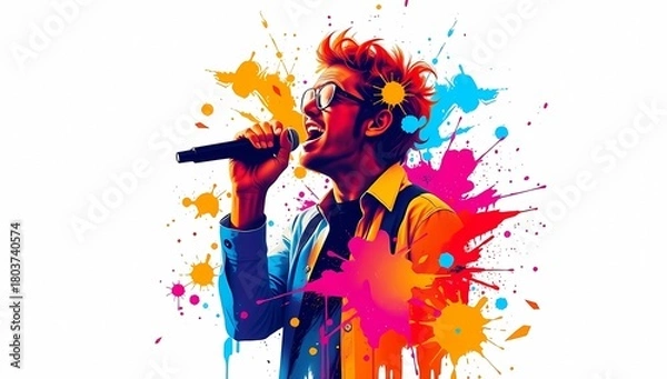 Obraz A man singing into a microphone with colorful splashes