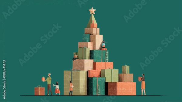 Fototapeta Christmas tree made from stacked recycled boxes with tiny people decorating for eco-friendly retail displays and sustainable branding, with space for text