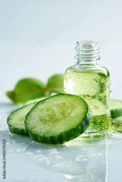 Fototapeta Refreshing Cucumber Oil Elixir in Clear Glass Bottle with Sliced Cucumbers and Green Leaves.