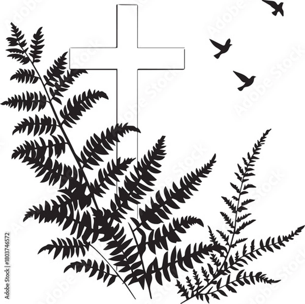 Obraz Black silhouette of fern leaves with white cross and flying birds symbolizing faith, peace, and remembrance