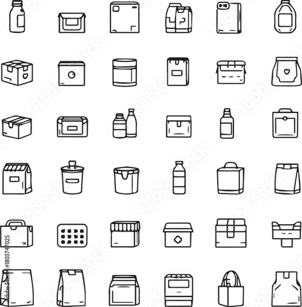 Obraz Grid of 35 black line icons for packaging types including bottles, boxes, jars, bags, and containers
