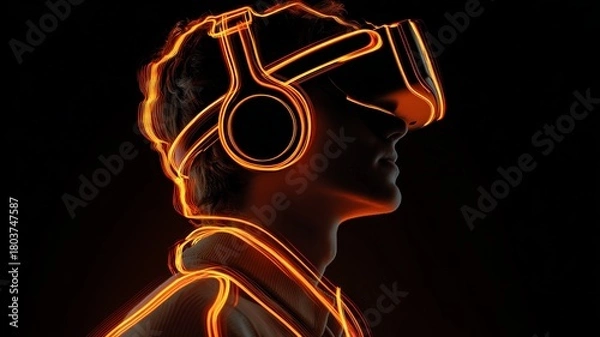 Fototapeta dark silhouette of person wearing glowing, futuristic headphones emits orange hue against black backdrop, creating modern and mysterious atmosphere, evoking technology and depth