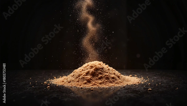 Obraz A pile of brown powder creating a swirling effect in the air against a dark background