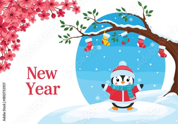 Obraz New Year penguin illustration, winter snow scene, Christmas tree, falling snowflakes, festive mood, holiday celebration, cherry blossoms, colorful stockings