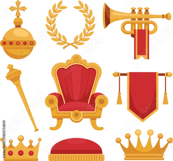 Fototapeta Royal icon set, golden crown, throne, scepter, laurel wreath, regal cushion, trumpet banner, ceremonial orb, monarchy symbols, vector illustration