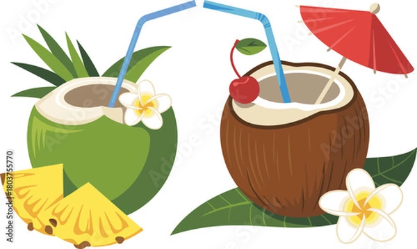 Obraz Tropical coconut drinks, summer refreshment, beach cocktail, green and brown coconuts, fruit garnish, umbrella, vacation vibe, exotic beverage vector illustration