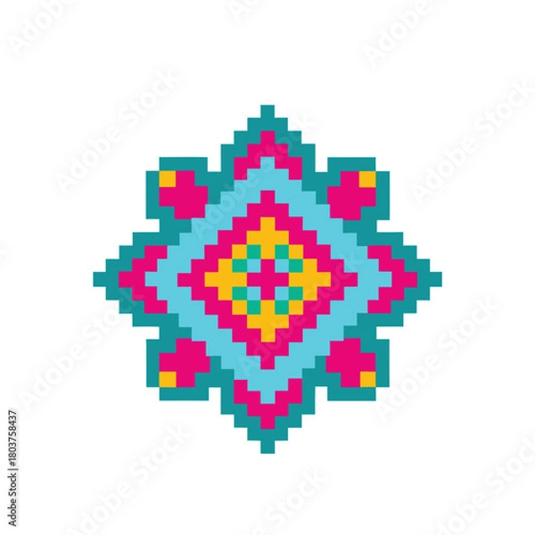Fototapeta A vibrant pixel art mandala in a colorful geometric star shape, isolated vector illustration of a mini folk pattern for digital design