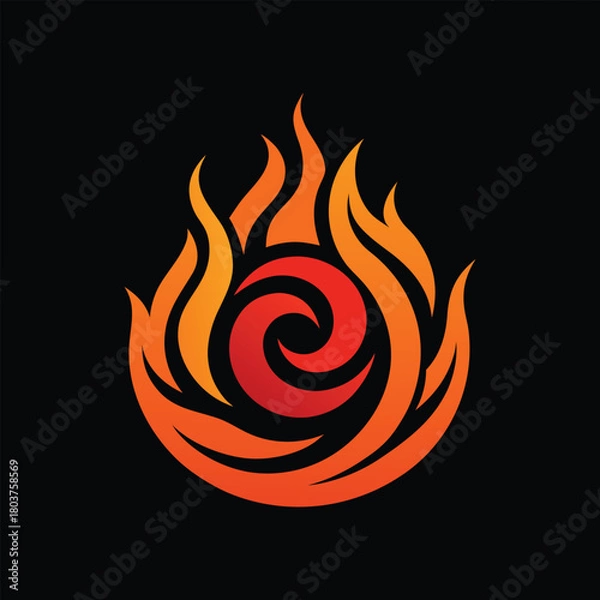 Fototapeta Stylized fire flame swirl symbol with dense decorative lines. Abstract vector logo icon of a circular fiery vortex on a black background