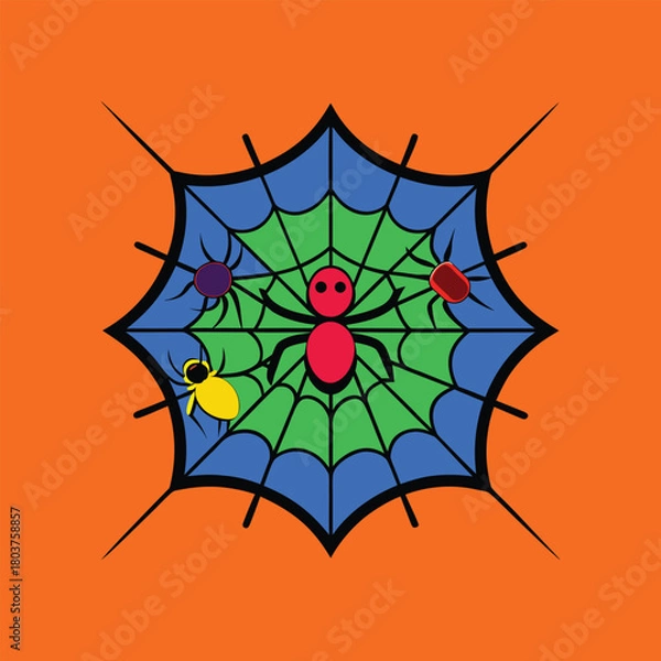 Fototapeta A vibrant and bold illustration of a spiderweb with a geometric, Aztec-inspired circular pattern, featuring a central red spider and other colorful bugs on a festive orange background for Halloween