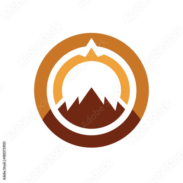 Fototapeta Abstract circular badge with a mountain landscape and a guiding arrow, representing exploration, nature, and adventure in a minimalist vector design