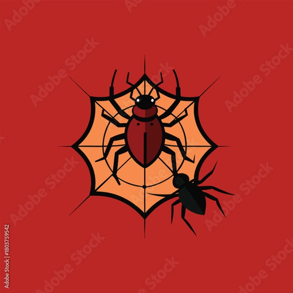 Fototapeta Minimalist flat design icon of a brown beetle and a black spider on an intricate orange spiderweb over a bold red background