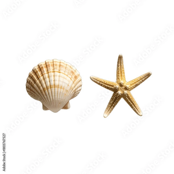 Fototapeta Natural Scallop Shell and Starfish on White Background Isolated Detailed Texture Macro Studio Shot