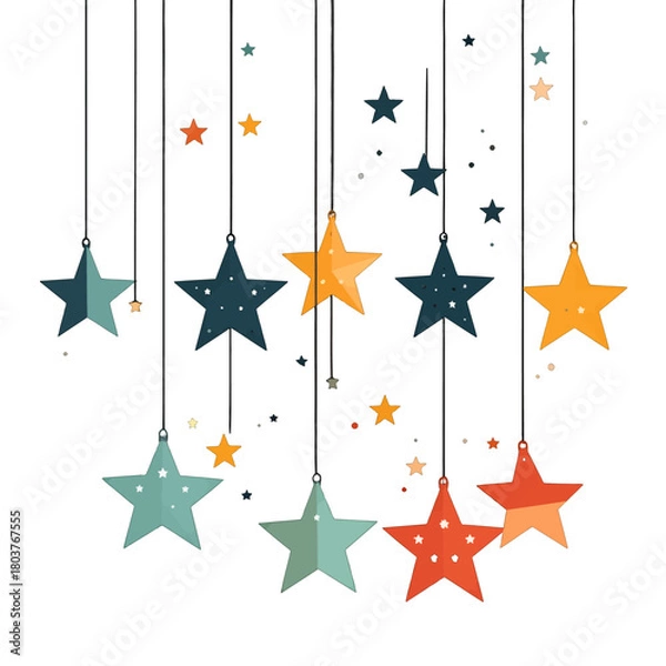 Fototapeta Festive Hanging Stars in Various Colors and Sizes Against a White Background