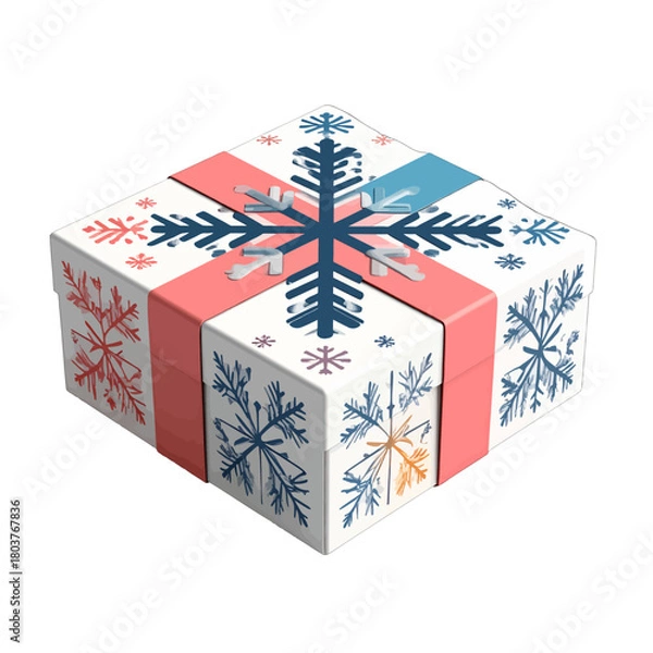 Fototapeta Square White Gift Box With Snowflake Pattern And Pink Ribbon Decorated With Blue Snowflakes