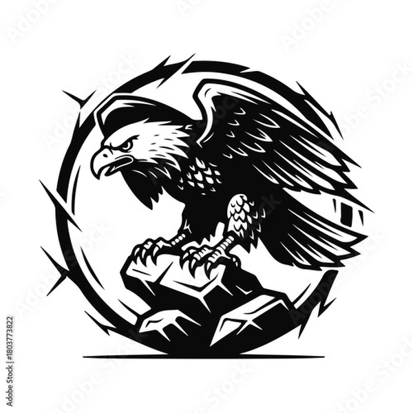 Obraz Eagle sitting on a rock in bold black-and-white style, powerful predator bird logo — eagle logo, bird emblem, wild eagle, rock eagle, strong bird
