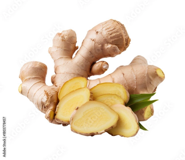 Fototapeta ginger root and slices isolated on white background.