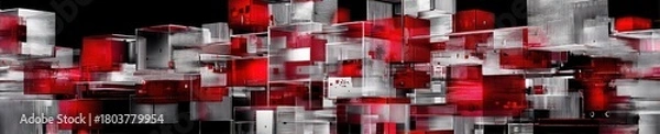 Fototapeta Abstract panoramic image of red and white cubes. Black background. Some transparency. Highly blurred