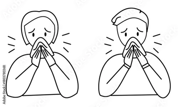 Obraz man and woman with cold sneezing symptom with kerchief line icon coughing