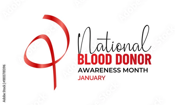 Fototapeta National Blood Donor Awareness Month vector design featuring red blood drop symbols and awareness ribbon for January health campaign. Banner poster, flyer and background design template.