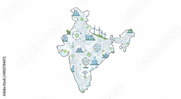 Obraz Conceptual outline map of India illustrating technological advancement, industrial development, and sustainable energy infrastructure with various symbolic icons