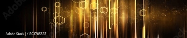 Fototapeta A golden, abstract background with light streaks and hexagonal shapes creating depth and movement
