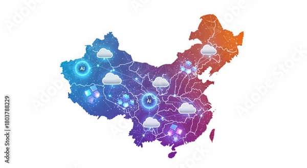 Obraz Digital Map of China with Connected Cloud Icons Representing Global Network and Data Flow