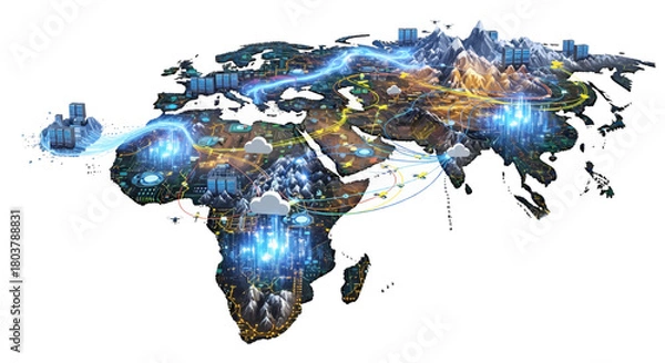 Obraz Global network of interconnected cities and infrastructure illuminating the planet with vibrant digital energy and technological advancement