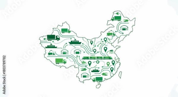 Obraz Dynamic visualization of China's comprehensive logistics and transportation network, depicting efficient supply chain connectivity and strategic distribution pathways across the nation