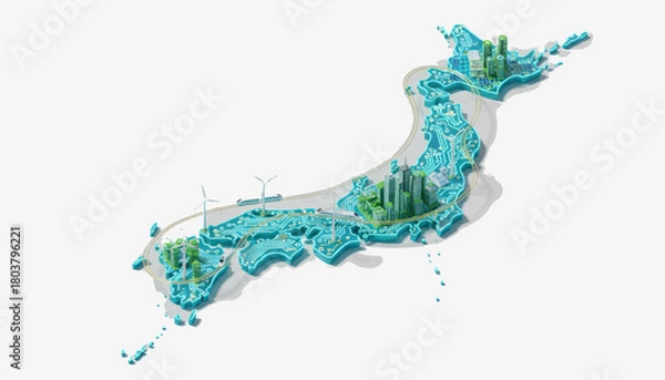Obraz Stylized Isometric Map of Japan Showcasing Green Energy Infrastructure and Sustainable Urban Development. A Modern Vision of Renewable Power and Connected Cities on a White Background