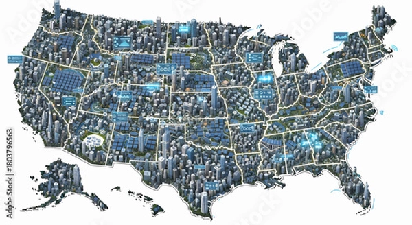 Obraz Detailed Illustration of the United States Cities, Structures, and Geographical Features