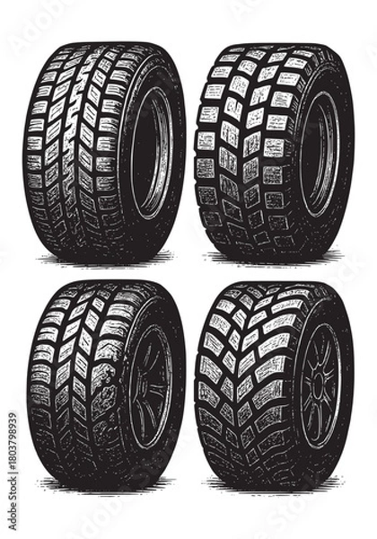 Obraz Collection of Four Engraved Automotive Tires Heavy-Duty Tire Tread Illustration Set Vintage Engraved Tire and Wheel Vector Collection Off-Road Tire Tread Clipart Bundle
