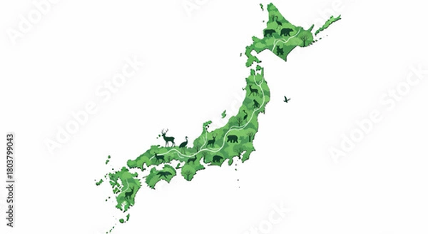 Obraz Japan Map Illustration Showcasing Deer and Greenery, Symbolizing Wildlife and Nature's Beauty