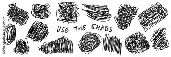 Obraz Chaotic hand-drawn black scribble line art elements set