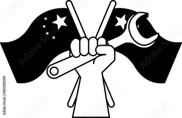 Obraz black and white illustration of two hand holding a wrench in front of a chinese flag