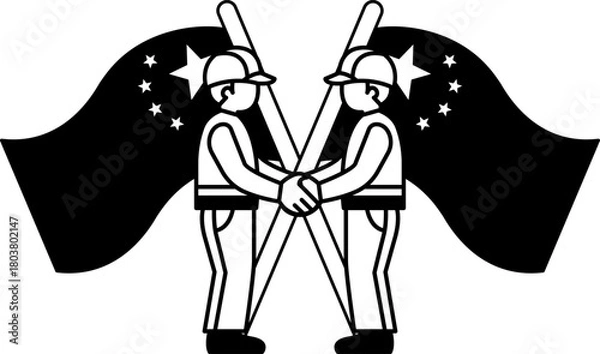 Obraz black and white illustration of Two men are shaking hands in front of a chinese flag