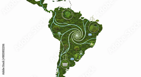 Obraz Sustainable Development Journey Illustrating the Interconnected Ecosystems and Renewable Energy Potential Across South America