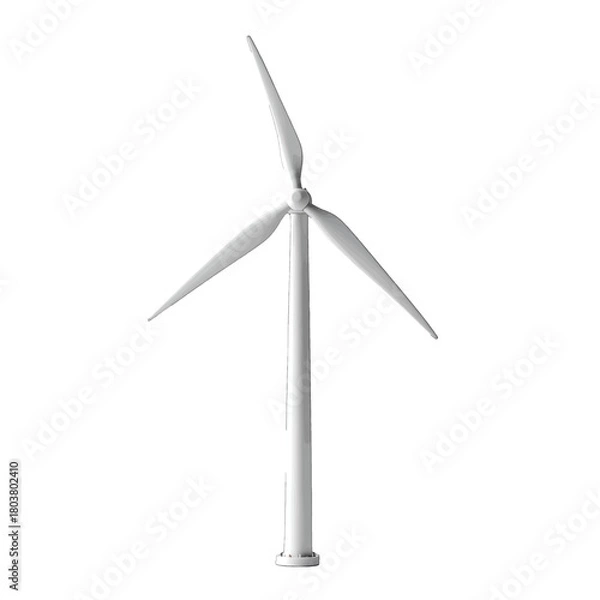 Fototapeta White Wind Turbine Generating Clean Energy on a Bright Clear Day with Three Blades Rotating Slowly and a Tall Tower on a Plain Background