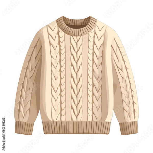 Fototapeta Cream Colored Cable Knit Sweater With Ribbed Cuffs And Neckline On A White Background