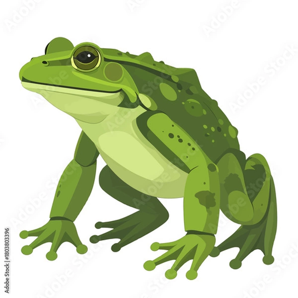 Fototapeta A realistic green frog with detailed skin texture and bright yellow eyes sits on a white background, showcasing its webbed feet and strong legs.
