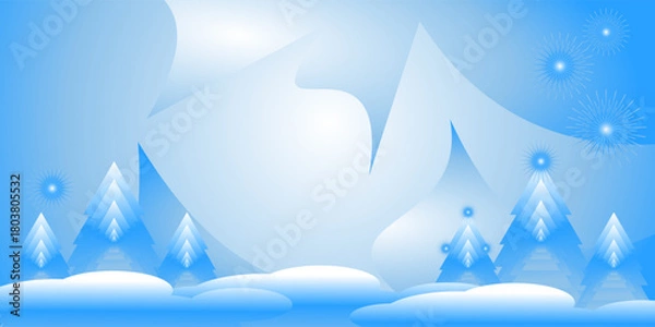 Obraz Frosty Winter Landscape with Geometric Christmas Trees and Snowy Hills Background