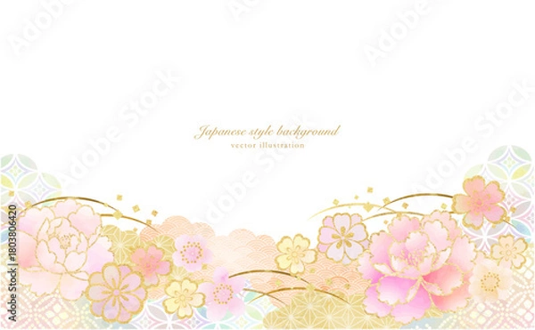 Obraz ふんわり和柄と花の背景素材