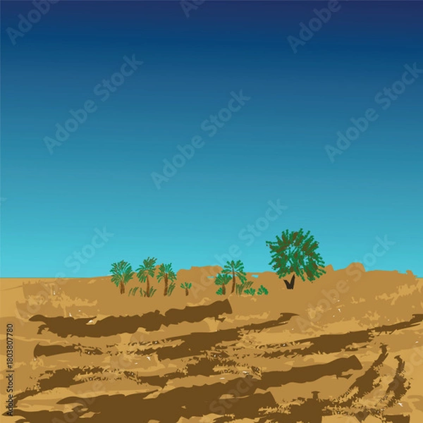 Fototapeta Dry desert landscape with  green trees against a hot summer sky and sand dunes vector illustration.
