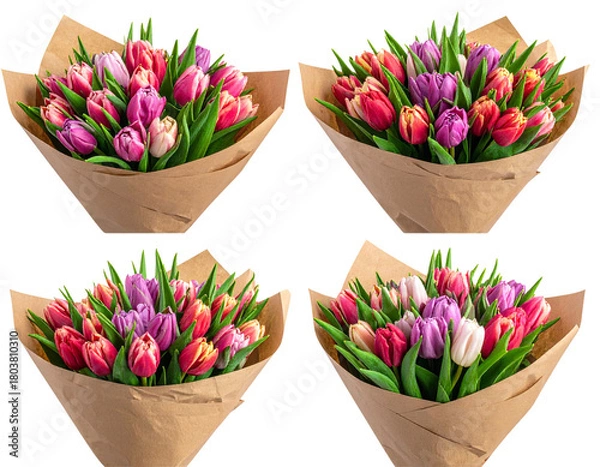 Fototapeta  set of bouquet of tulip wrapped around with gift paper isolated on transparent background