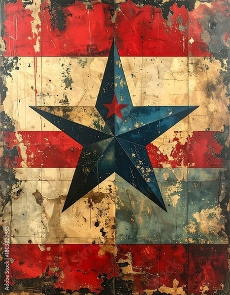 Fototapeta A distressed art piece with a large blue star at its center, atop a backdrop of weathered red and white stripes