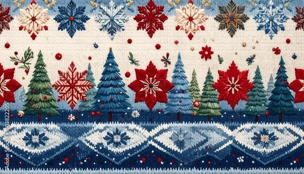 Obraz A festive tapestry featuring alternating snowflakes and poinsettias above evergreen trees, with a diamond-pattern border in red, blue, and white