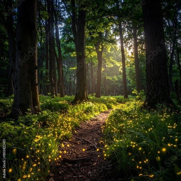 Obraz A forest path winds through sun-dappled trees with green foliage and luminous fireflies illuminating the grassy undergrowth. A light glow in the distance