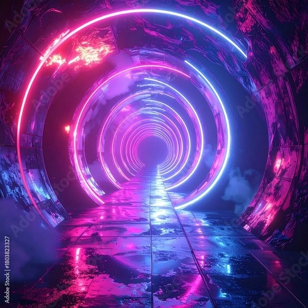 Fototapeta A futuristic corridor bathed in vibrant pink and blue neon light, reflecting on a wet, tiled floor with fog