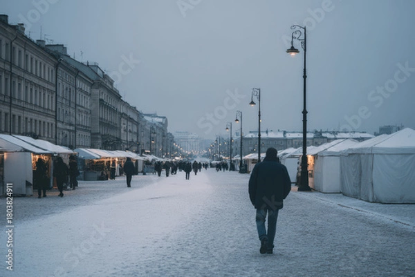 Fototapeta snowy evening scene at bustling christmas market illuminated by ultrabright lights and ar indicators
