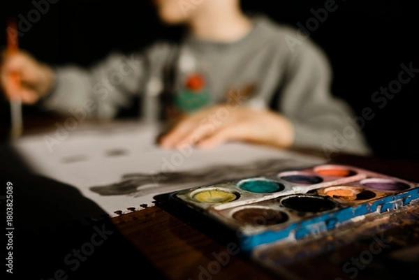 Obraz Boy Painting with Watercolors at Home